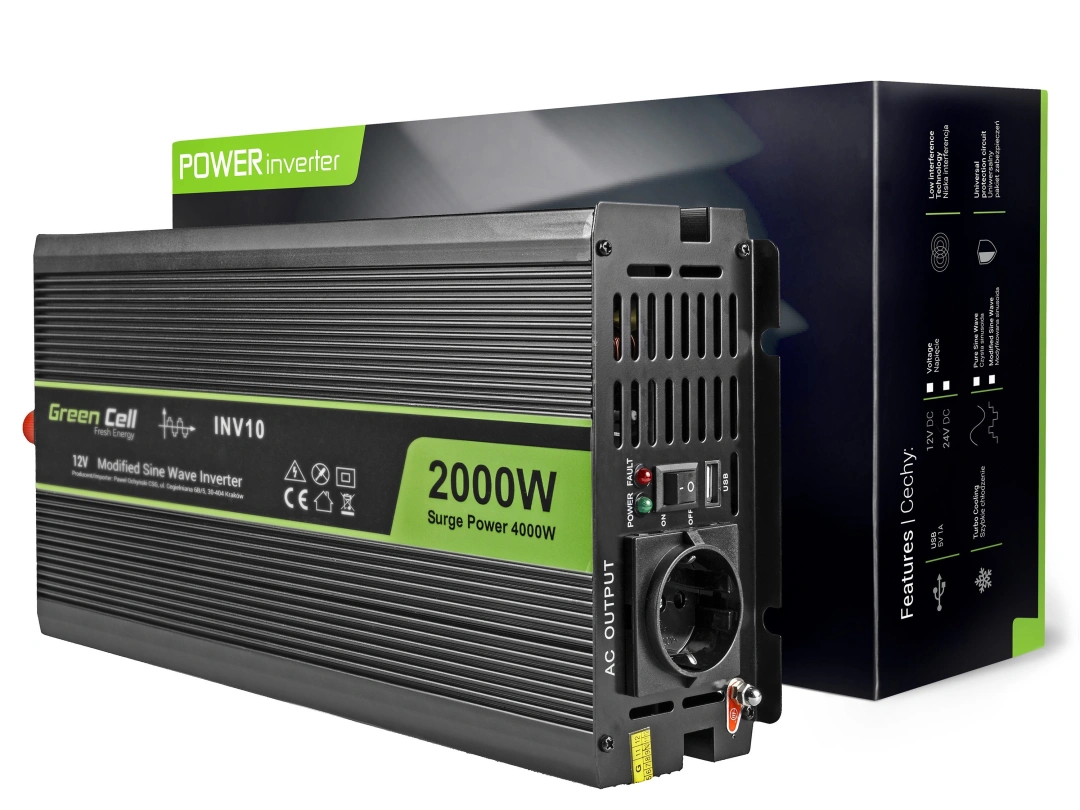 Green Cell INV10 měnič 2000W ze 12V - modifikovaná sinusovka