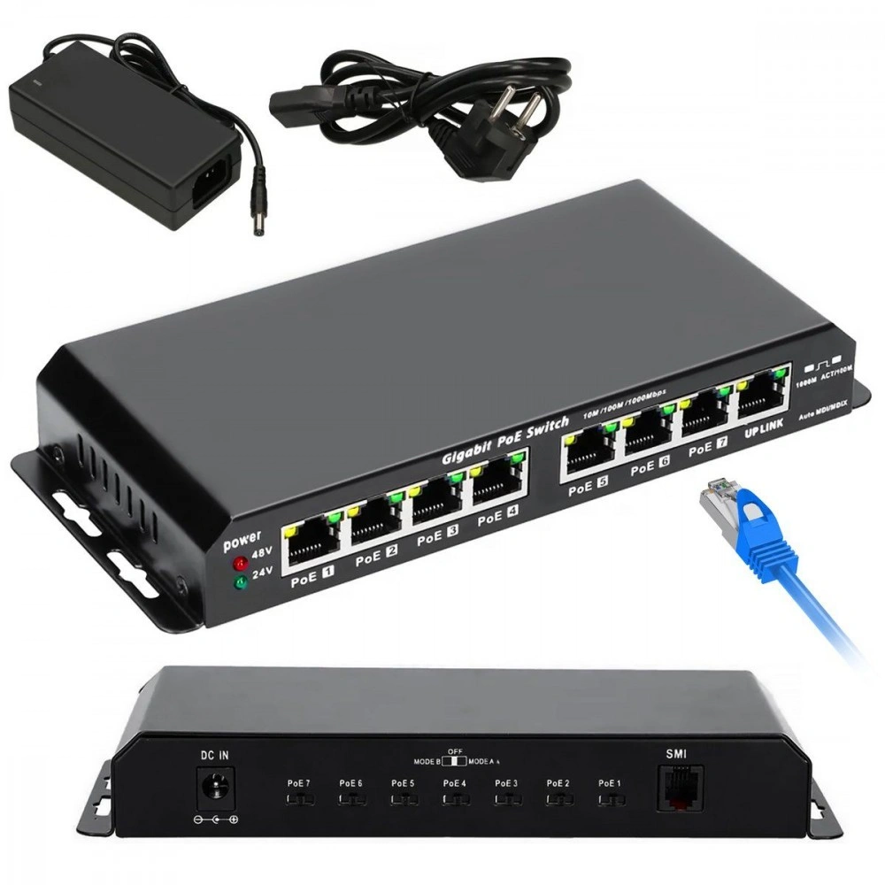 Extralink Switch PoE KRATOS 7x Gigabit PoE, 1x Uplink RJ45, Zdroj napájení 24V 2.5A, Moc 6