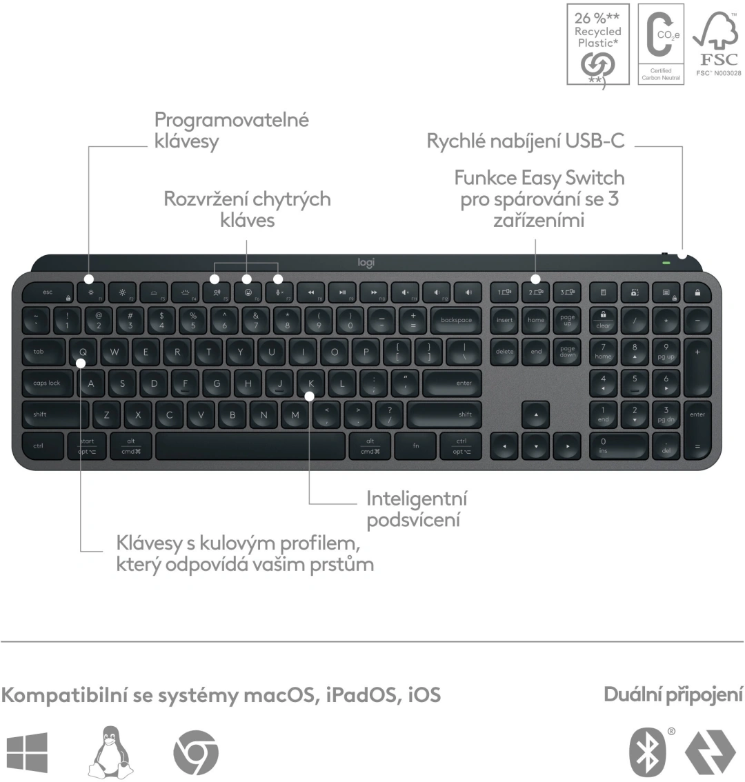 Logitech MX Keys S Plus, šedá