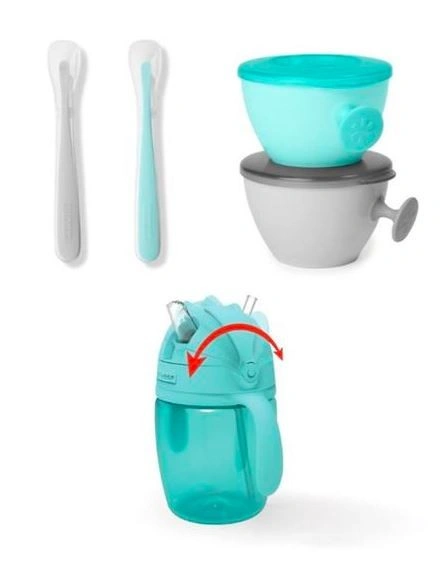 Skip hop  Set jídelní s hrnkem 5 ks Easy-Feed Mealtime Set Teal / Grey 6m +