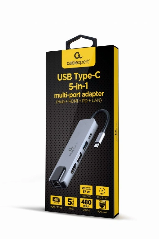 GEMBIRD MULTI ADAPTÉR USB TYP-C 5V1 (HUB + HDMI + PD + ČTEČKA KARET + LAN) STŘÍBRNÁ