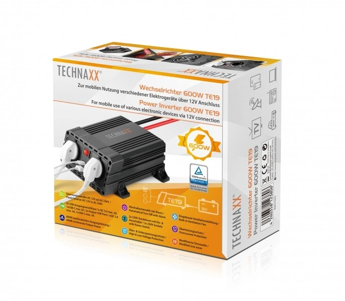 Technaxx měnič napětí 600W, DC 12V na 2xUSB a 2x230V (TE19)