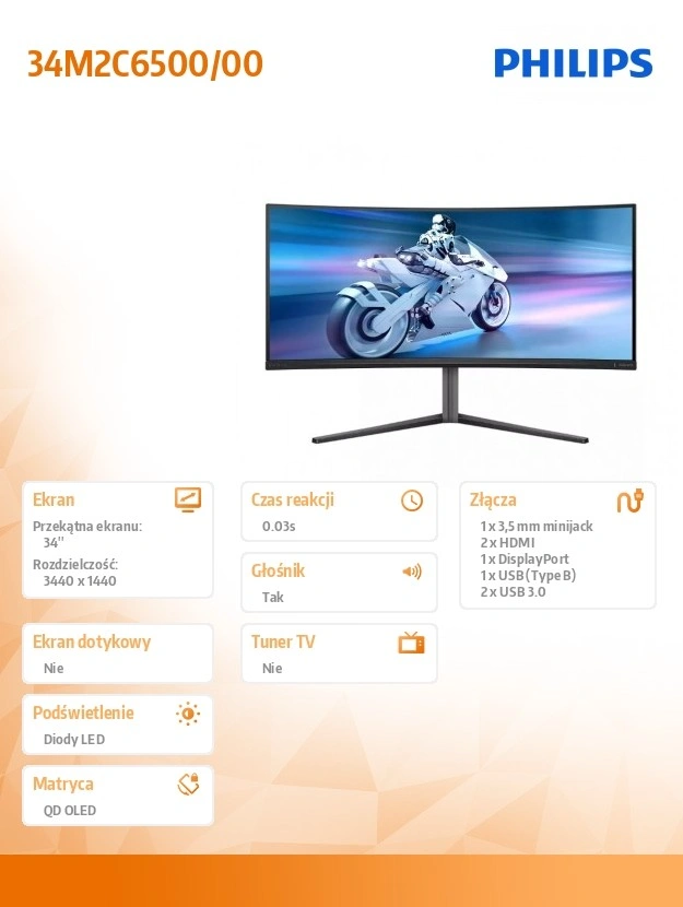 Philips 34M2C6500/00  monitor 86,4 cm (34") 3440 x 1440 px Wide Quad HD QDOLED Šedá