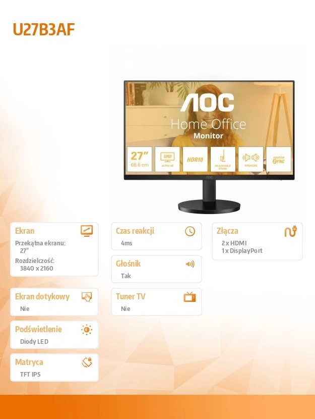 AOC U27B3AF monitor 68,6 cm (27") 3840 x 2160 px 4K Ultra HD LED Černá