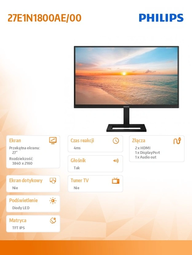 Philips 27E1N1800AE/00 monitor 68,6 cm (27") 3840 x 2160 px 4K Ultra HD LED Černá