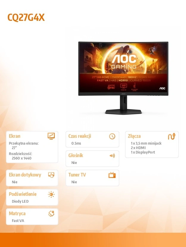 AOC CQ27G4X  monitor 68,6 cm (27") 2560 x 1440 px Quad HD LCD Černá