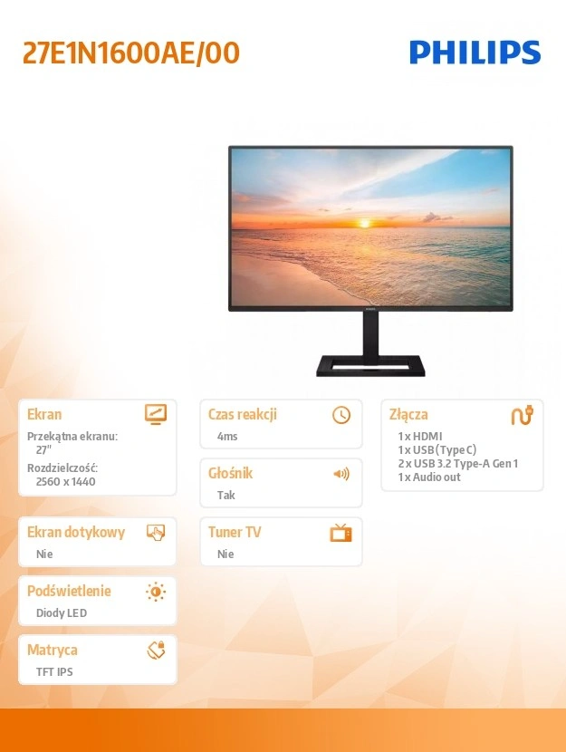 Philips 27E1N1600AE/00 monitor 68,6 cm (27") 2560 x 1440 px Quad HD LCD Černá