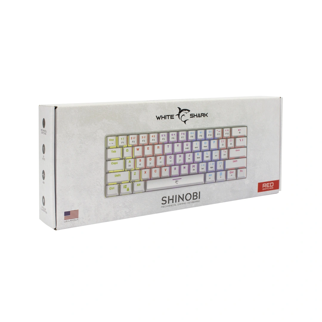 White Shark SHINOBI, US layout, červený switch, bílá