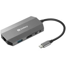 Sandberg USB-C 6-in1 Travel Dock, HDMI+SD+USB+jack+RJ45+USB-C(100W)