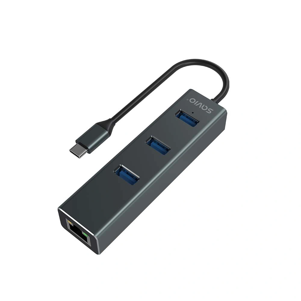 Savio AK-57 USB-C - 3 x USB-A HUB with RJ-45 Gigabit Ethernet adapter 5000 Mbit/s grey