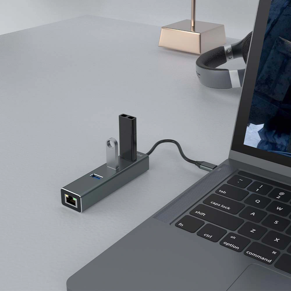 Savio AK-57 USB-C - 3 x USB-A HUB with RJ-45 Gigabit Ethernet adapter 5000 Mbit/s grey