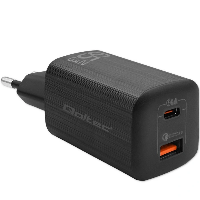 Qoltec Síťová nabíječka 65W GaN ULTRA | 5-20V | 2,25-3,25A | 1 x USB typ C PD | 1 x USB | Černá barv