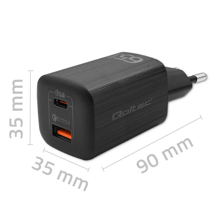 Qoltec Síťová nabíječka 65W GaN ULTRA | 5-20V | 2,25-3,25A | 1 x USB typ C PD | 1 x USB | Černá barv