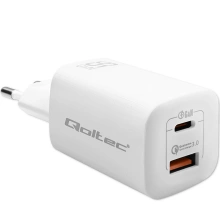 Qoltec Síťová nabíječka 65W GaN ULTRA | 5-20V | 2,25-3,25A | 1 x USB typ C PD | 1 x USB QC 3.0 | Bíl