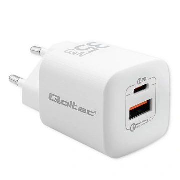 Qoltec Síťová nabíječka 35W GaN ULTRA | 5-20V | 2,25-3A | 1 x USB typ C PD | 1 x USB | Bílá