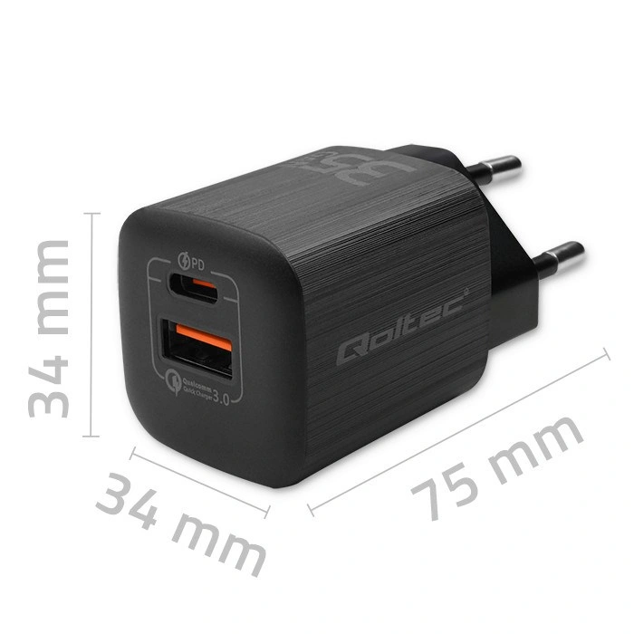 Qoltec Síťová nabíječka 35W GaN ULTRA | 5-20V | 2,25-3A | 1 x USB typu C PD | 1 x USB QC 3.0 | Černá