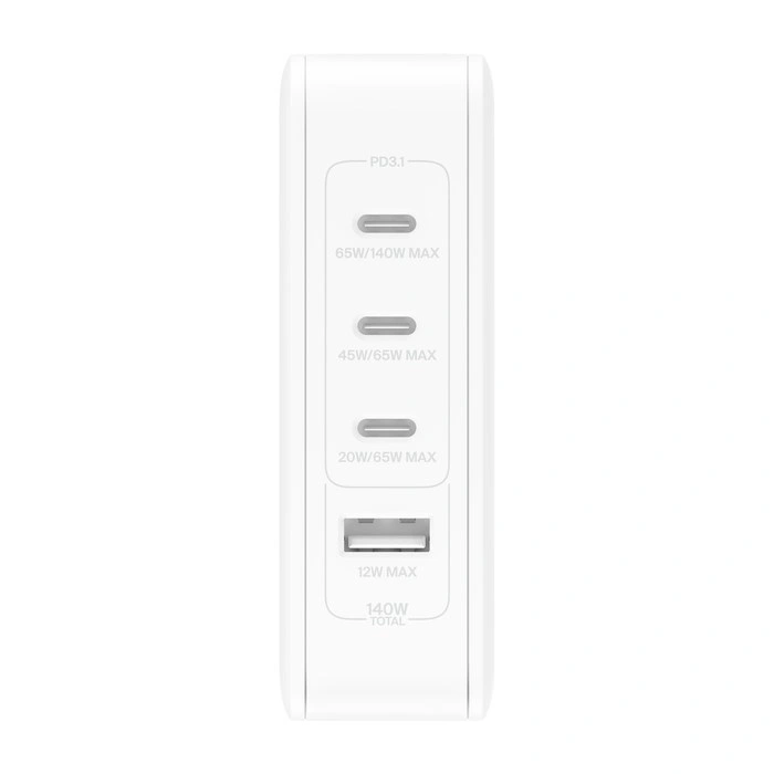 Belkin 140W 4-portová USB-C Power Delivery GaN PPS nástěnná nabíječka + UK, EU, US adaptéry, bílá