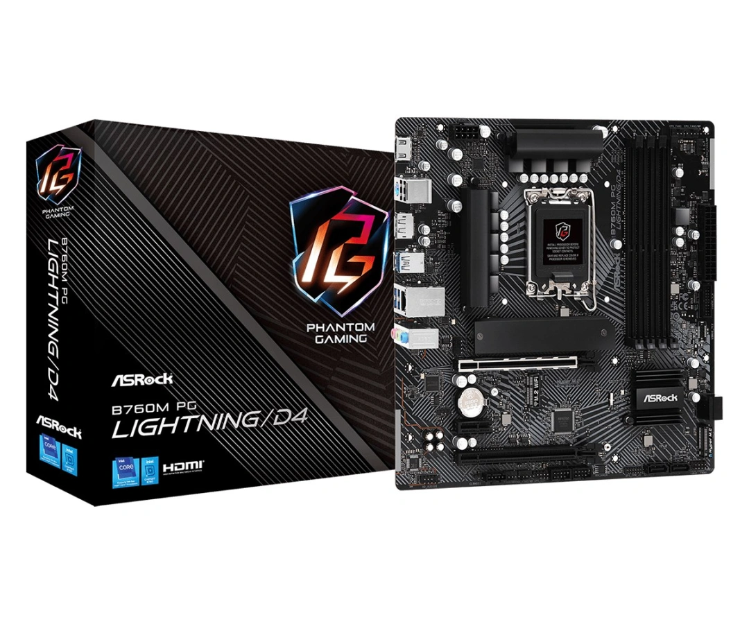 ASRock B760M Phantom Gaming Lightning/D4 / Intel B760 / LGA1700 / 4x DDR4 / 2x M.2 / HDMI / DP / USB