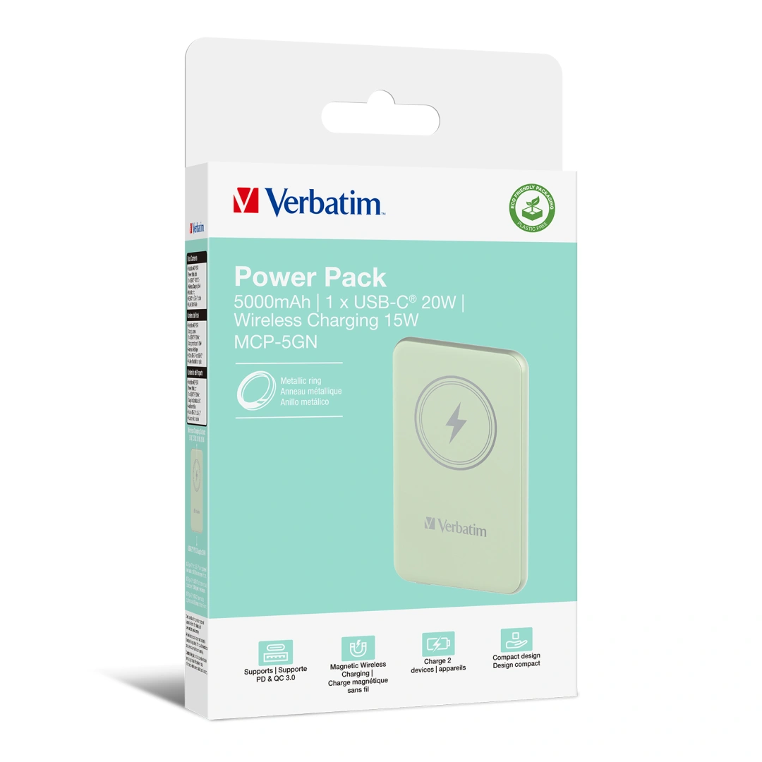 Verbatim ChargeÂ´nÂ´Go Magnetic Wireless Power Bank 5000 Green