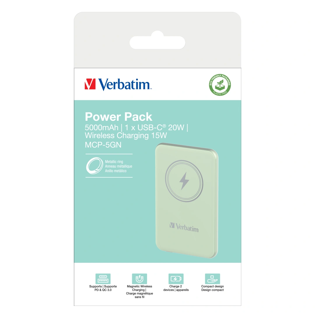 Verbatim ChargeÂ´nÂ´Go Magnetic Wireless Power Bank 5000 Green