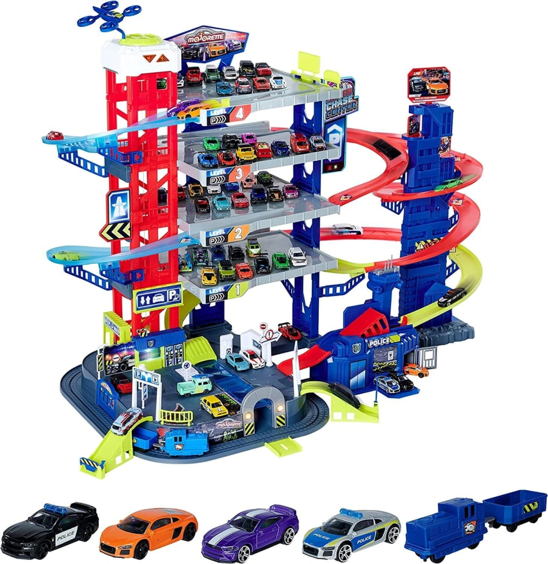 MAJORETTE Garage Super Chase Center + 4 cars and train