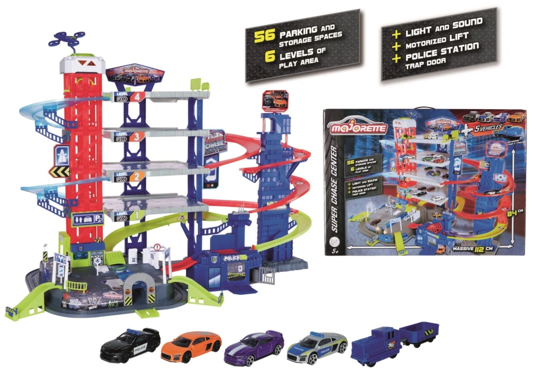 MAJORETTE Garage Super Chase Center + 4 cars and train