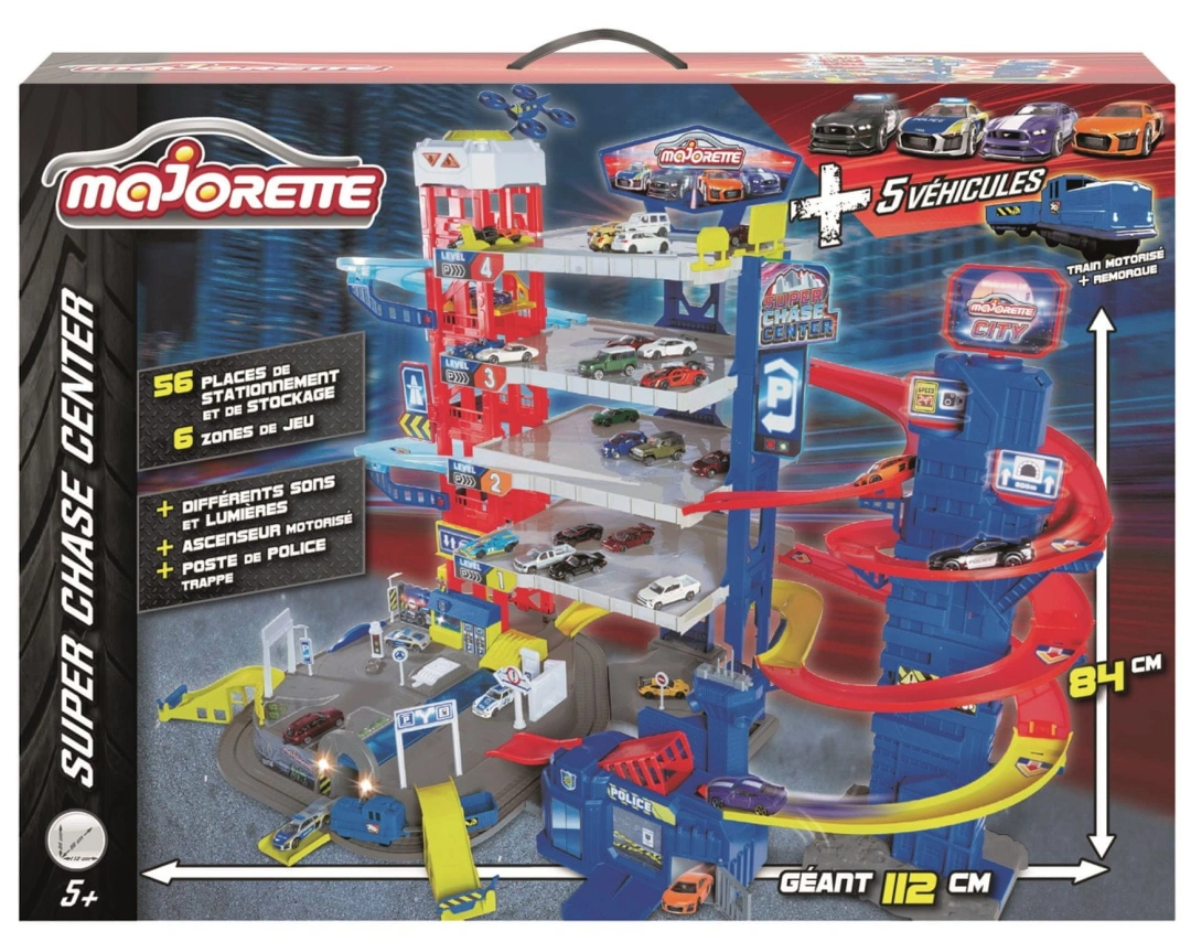 MAJORETTE Garage Super Chase Center + 4 cars and train