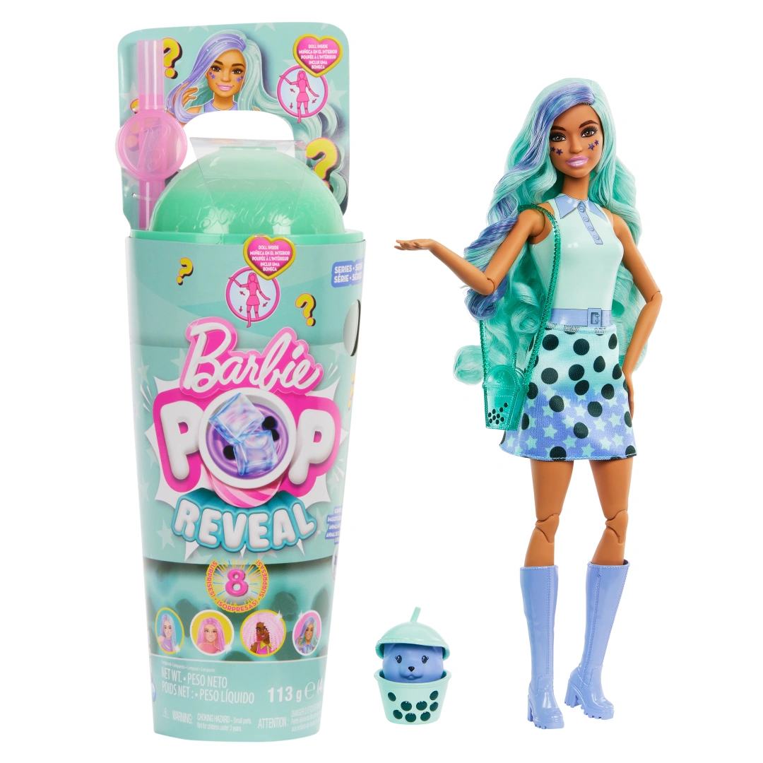 Mattel Panenka Barbie Pop Reveal Barbie bubble tea zelený čaj, doplňky s 8 překvapeními, voňavé HTJ1