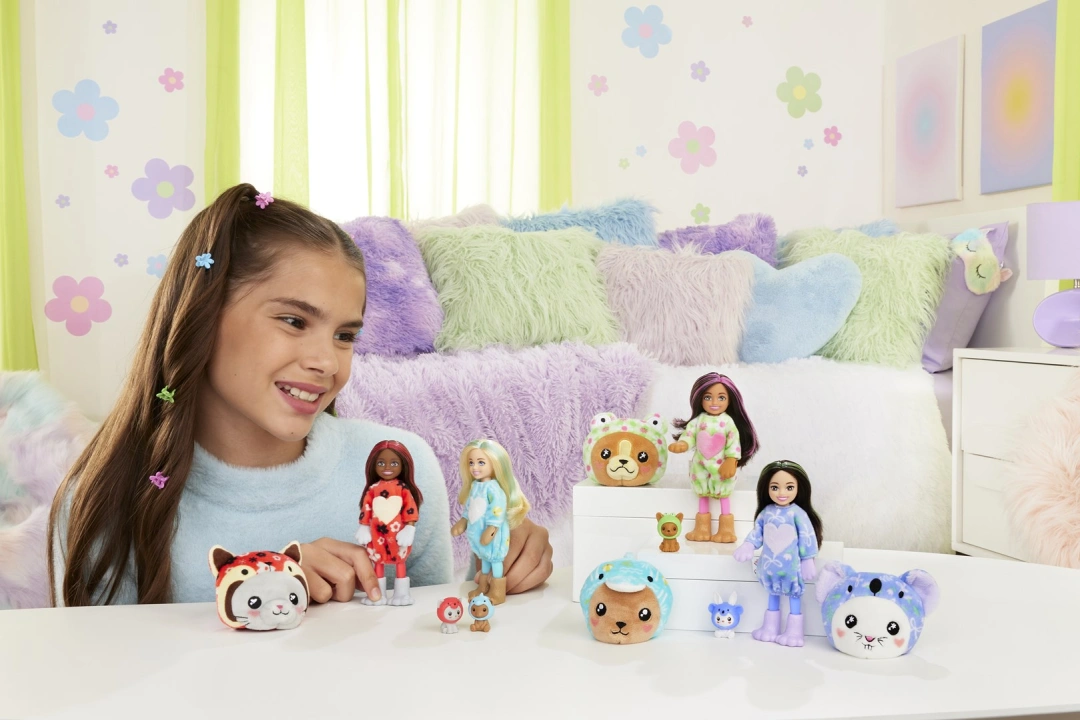 Mattel Barbie Cutie Reveal Chelsea v kostýmu - zajíček ve fialovém kostýmu koaly HRK27