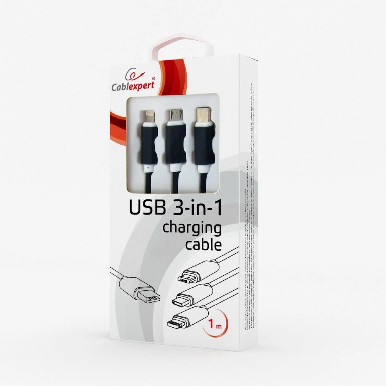 Gembird CABLEXPERT kabel USB A Male/Micro B + Type-C + Lightning, 1m, opletený, stříbrná