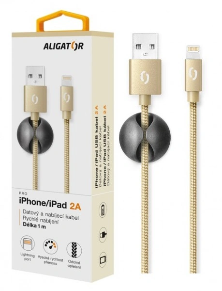 ALIGATOR PREMIUM Datový kabel 2A, Lightning zlatý