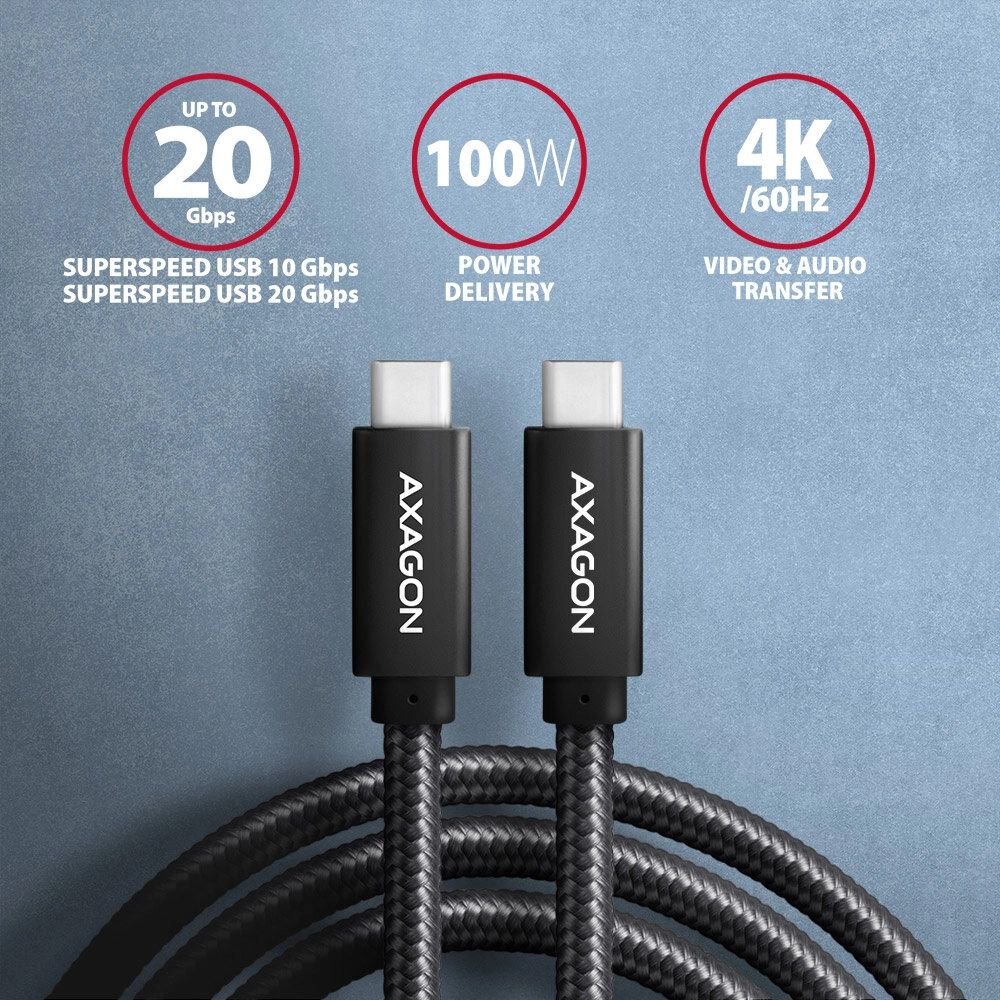 AXAGON kabel USB-C - USB-C SPEED+ USB3.2 Gen 2, PD100W 5A, 4K UHD, opletený, 2m, černá