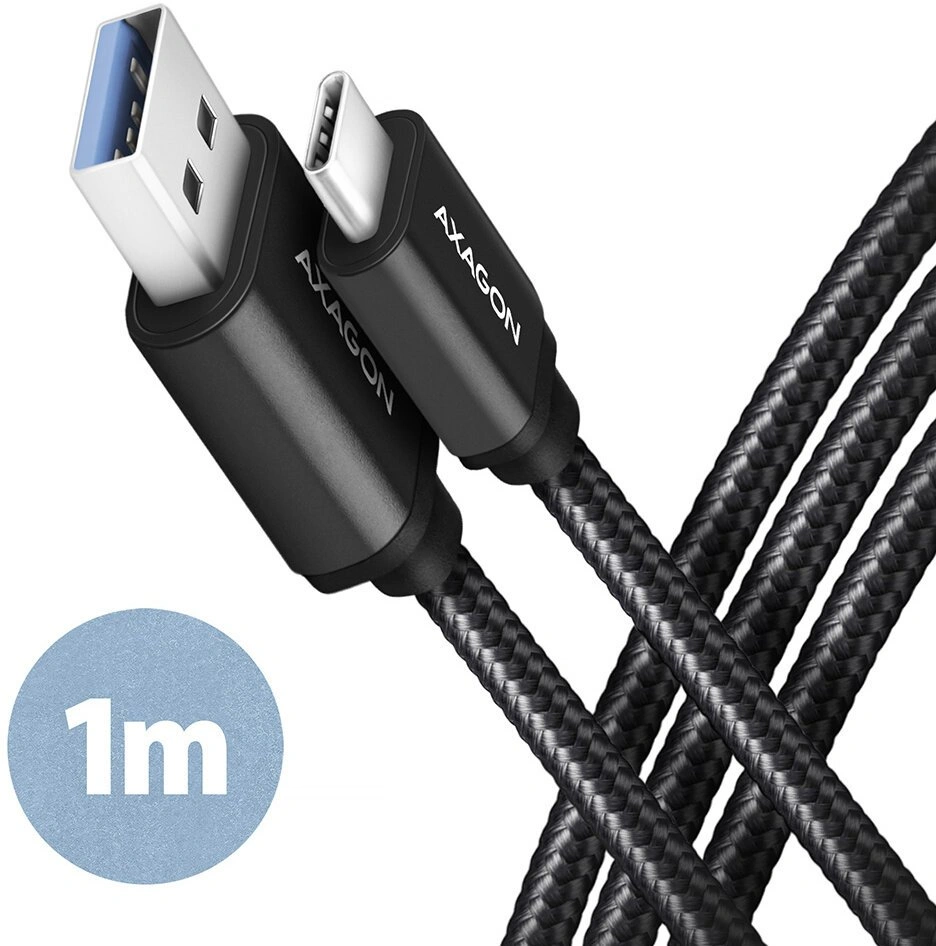 AXAGON kabel USB-A - USB-C SPEED USB3.2 Gen 1, 3A, opletený, 1m, černá