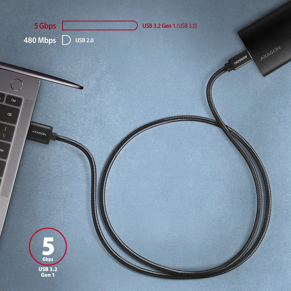 AXAGON kabel USB-A - USB-C SPEED USB3.2 Gen 1, 3A, opletený, 1m, černá