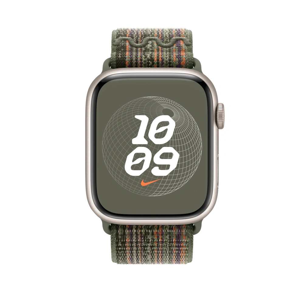 Řemínek Apple 45mm sekvojově zelený/oranžový provlékací sportovní  Nike (MTL63ZM/A)