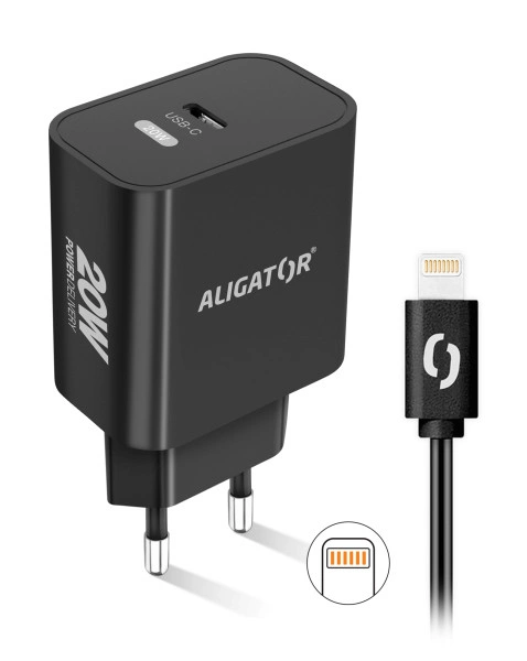 Aligator Power Delivery 20W, USB-C + kabel USB-C/Lightning, černá