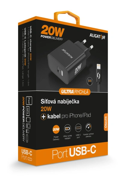 Aligator Power Delivery 20W, USB-C + kabel USB-C/Lightning, černá