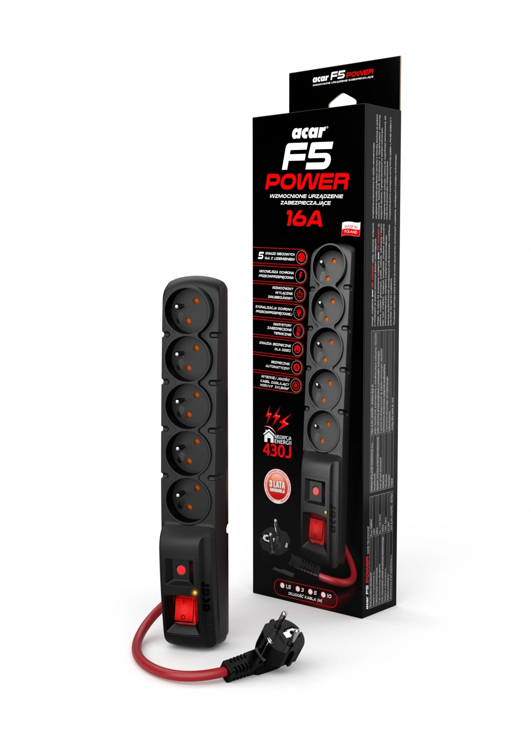 PremiumCord Acar F5 3m kabel, 5 zásuvek, přepěťová ochrana, max.proud 16A, černý