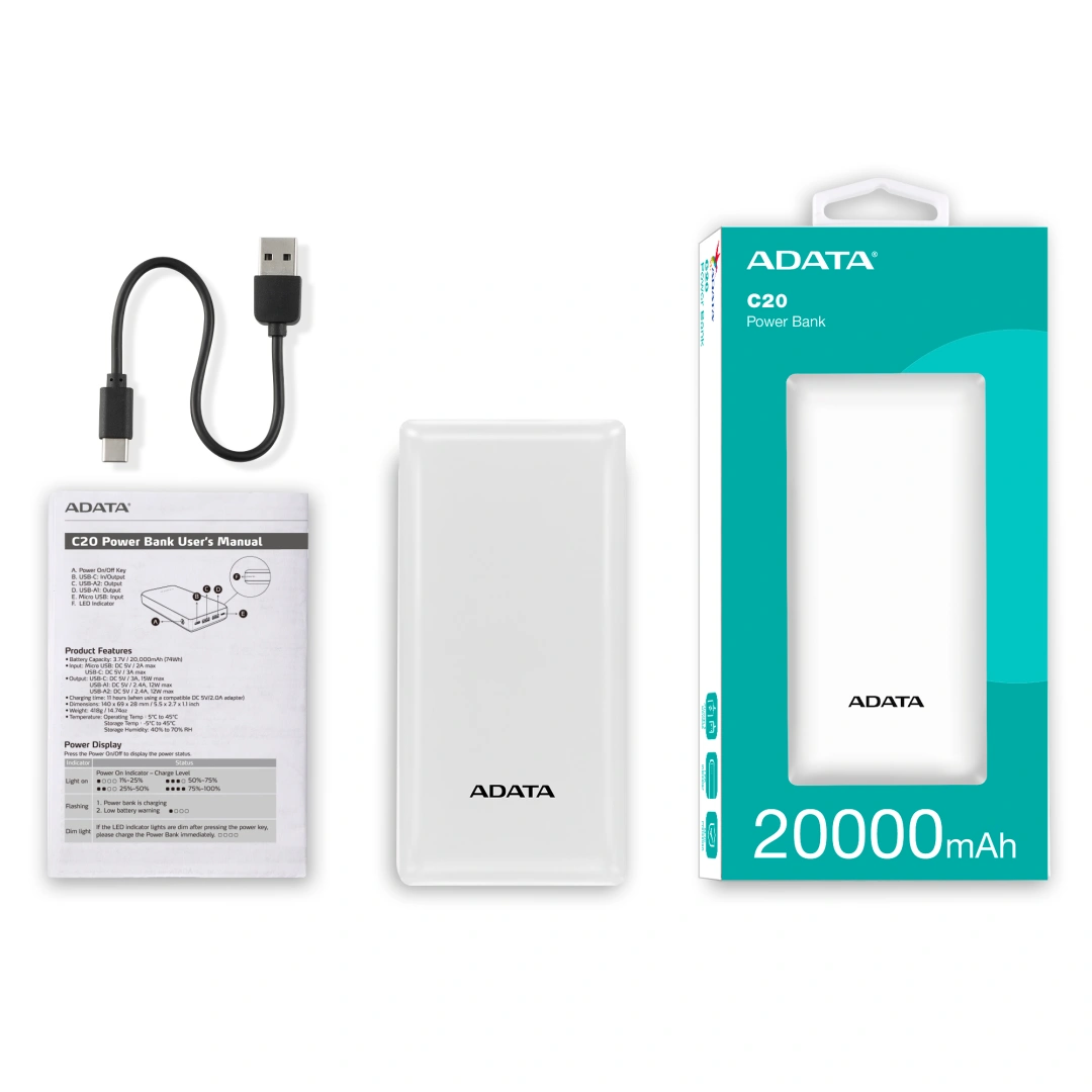 ADATA C20 Power Bank 20000mAh bílá