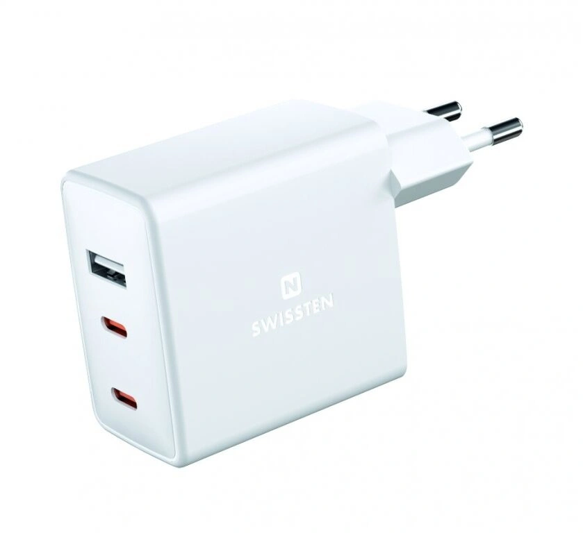 SWISSTEN síťový adaptér GaN, USB-A, 2x USB-C, 70W, bílá