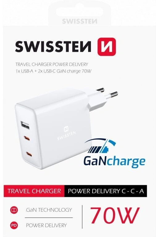 SWISSTEN síťový adaptér GaN, USB-A, 2x USB-C, 70W, bílá