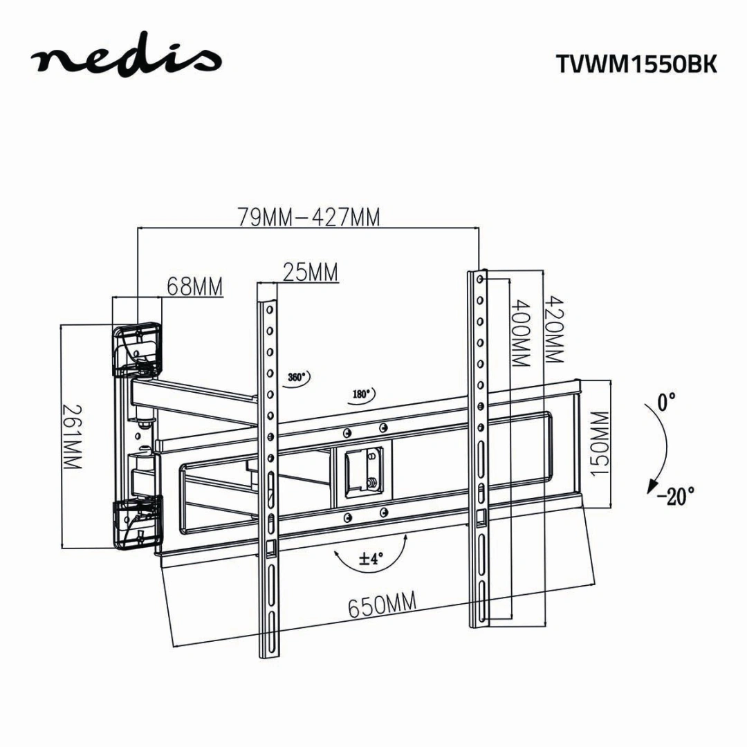 Nedis Full Motion nástěnný polohovatelný, pro úhlopříčku 37 – 70 ", nosnost 25 kg, černá