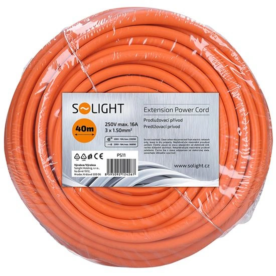 Solight  Prodlužovací kabel 230V/16A - 40m, 1 zásuvka, 3 x 1.5mm, IP20, oranžový