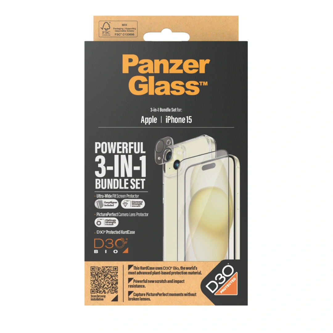 Kryt na mobil PanzerGlass Bundle 3v1 na Apple iPhone 15 (tvrzené sklo + HardCase + Camera Protector)